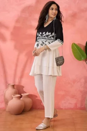 Sangria Floral Embroidered V-Neck Tunic with Trouser